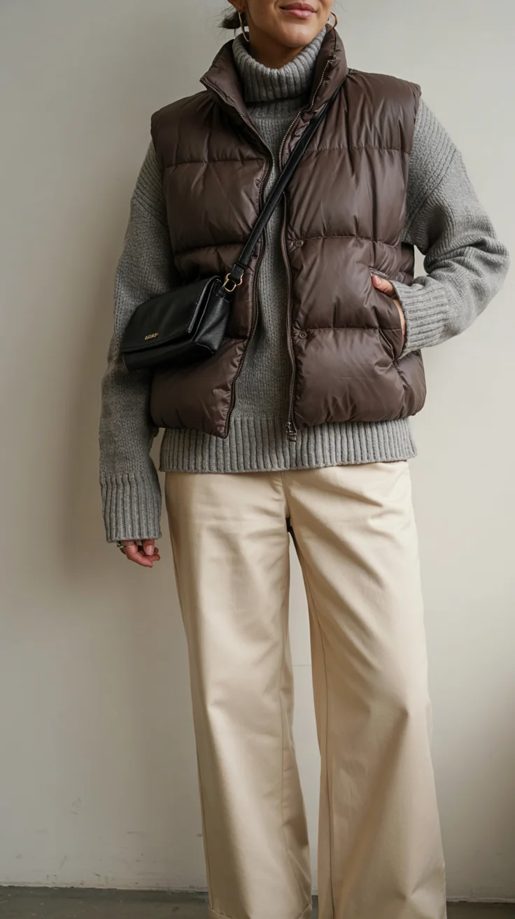 fall vest outfits for women 2026 Chocolate Puffer Vest with Cozy Neutral Textures