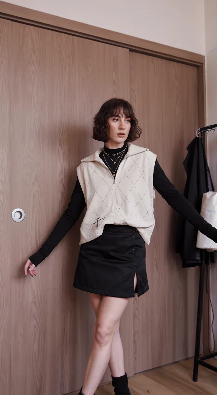 fall vest outfits for women 2026 Cream Zip Vest with Modern Mini Skirt Styling