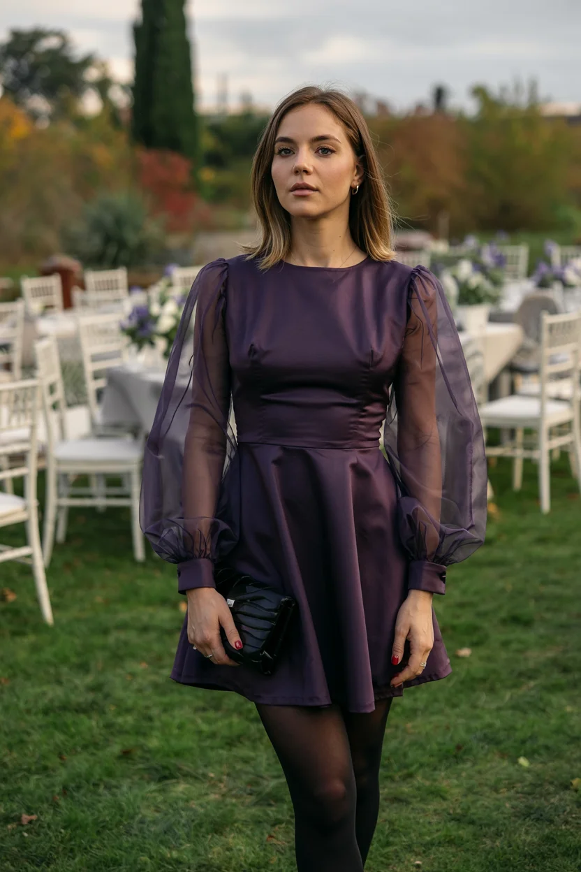 fall wedding guest dress 2026 Plum satin with sheer volume for a moody garden wedding H2