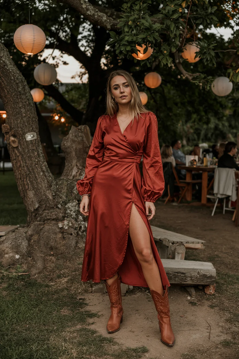 fall wedding guest dress 2026 Rust satin with cowboy boots for a relaxed outdoor celebration H2