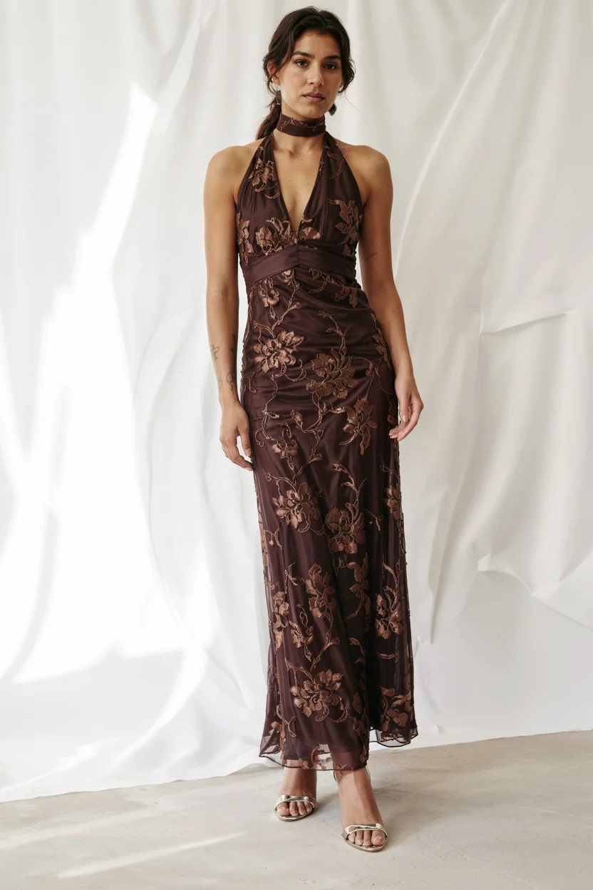 fall wedding guest dress 2026 Embroidered cocoa florals for refined evening glamour H2
