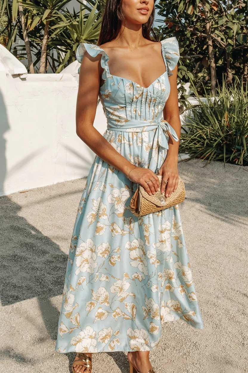 fall wedding guest dress 2026 Soft blue florals for a destination wedding in early fall H2