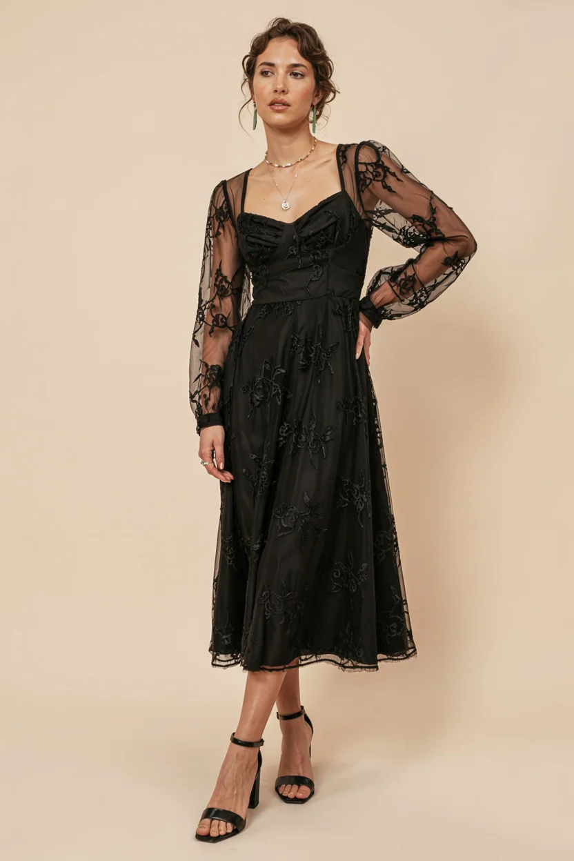 fall wedding guest dress 2026 Black embroidered lace for timeless cocktail elegance H2
