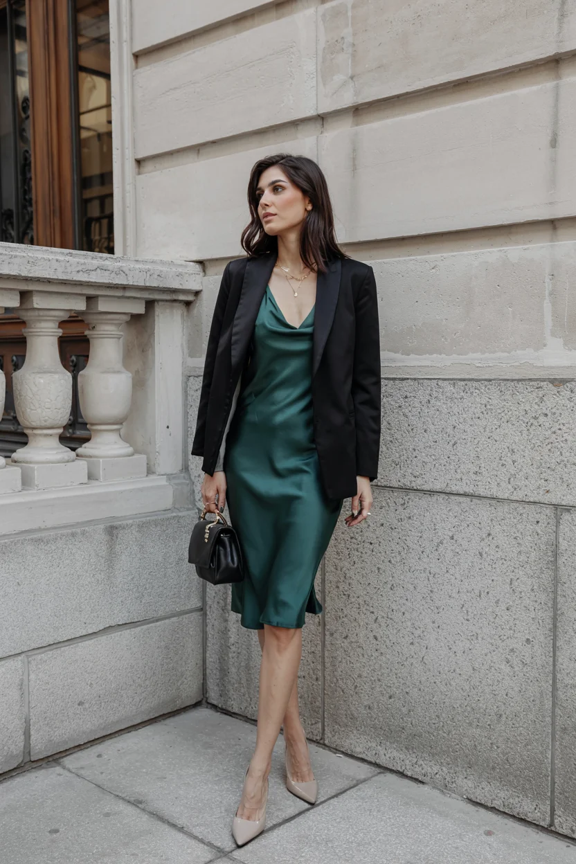 fall wedding guest dress 2026 Emerald satin and tailoring for an elevated city-ready look H2
