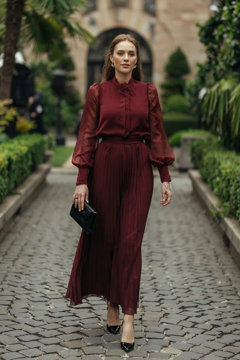 fall wedding guest dress 2026 Burgundy pleats and sheer sleeves for cool-weather romance H2