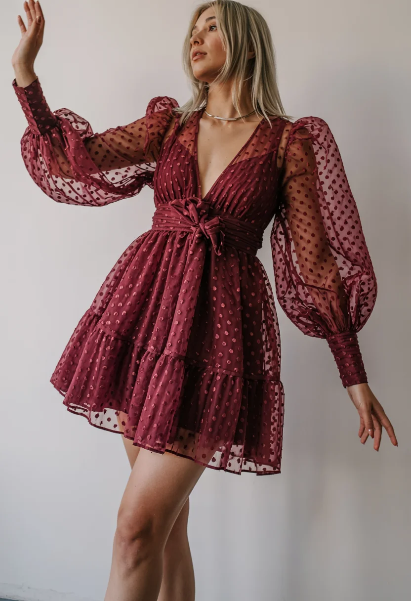 fall wedding guest dress 2026 Burgundy swiss dot charm for a festive October celebration H2