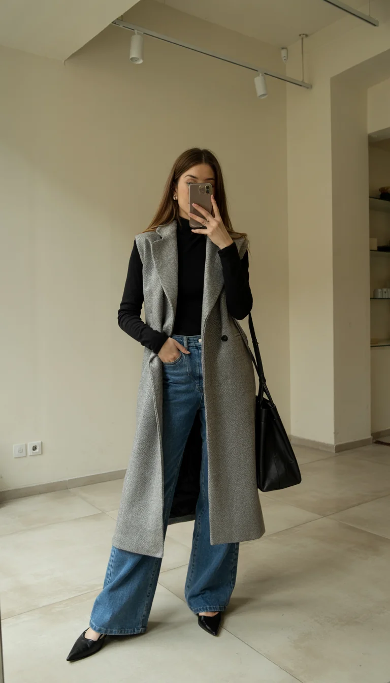 fall work outfits 2026 longline vest layering for elevated business casual style