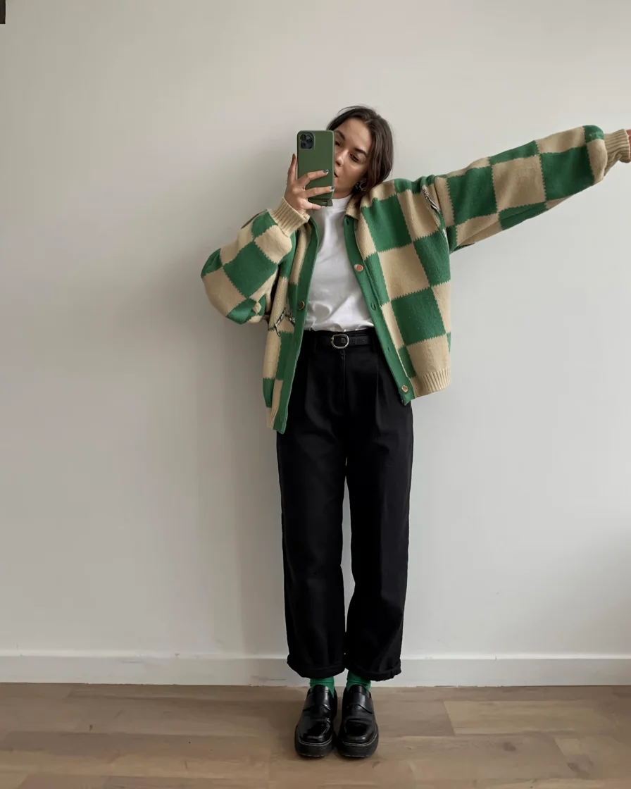 fall work outfits 2026 playful checks that brighten gray fall mornings