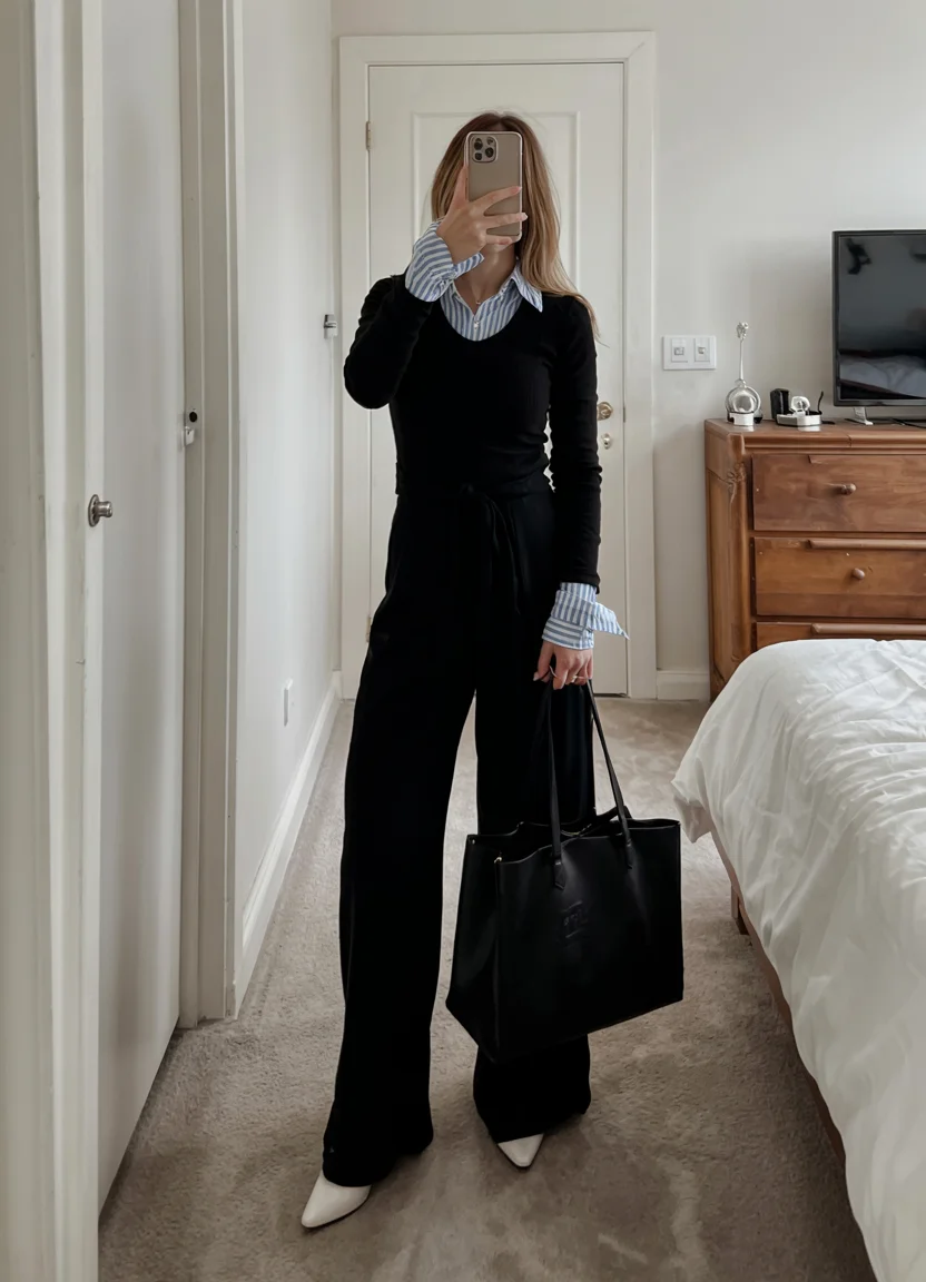 fall work outfits 2026 sharp monochrome dressing with classic shirt details