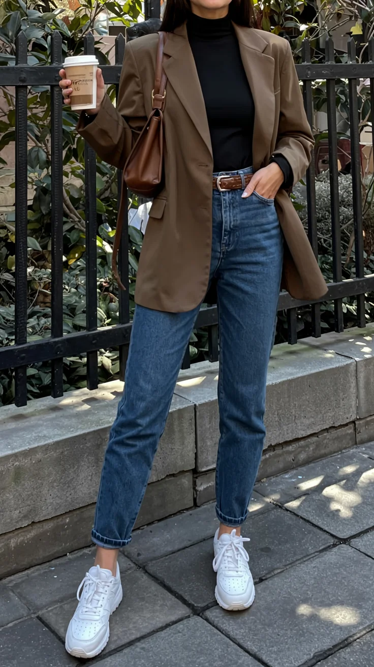 fall work outfits 2026 brown blazer and denim for easy office style