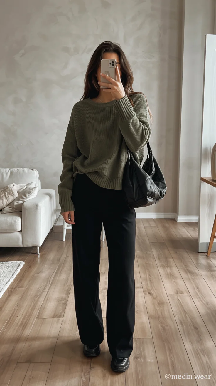 fall work outfits 2026 soft olive knitwear for cozy everyday elegance