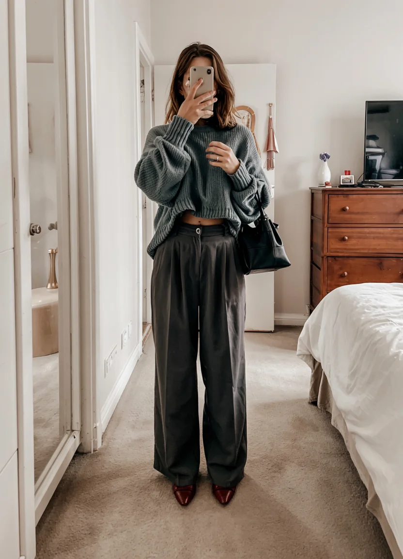 fall work outfits 2026 oversized knitwear with relaxed tailoring for cozy office days