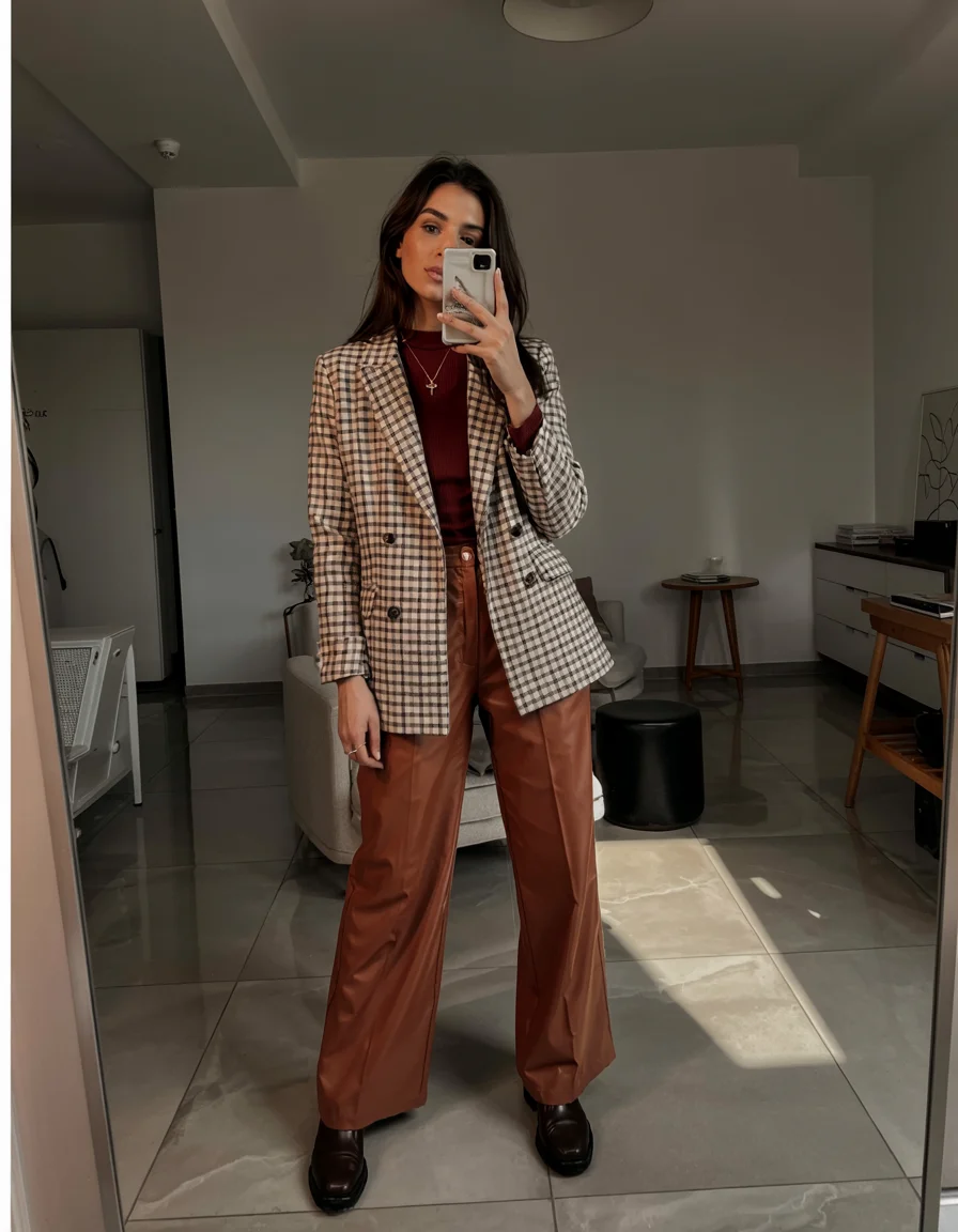 fall work outfits 2026 checked tailoring with rich fall texture