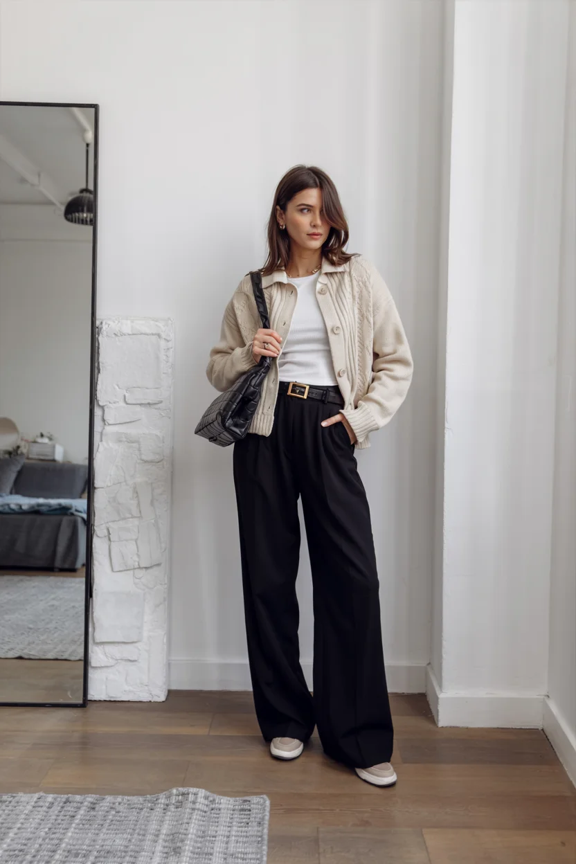 fall work outfits 2026 relaxed knitwear and tailored trousers for everyday office style