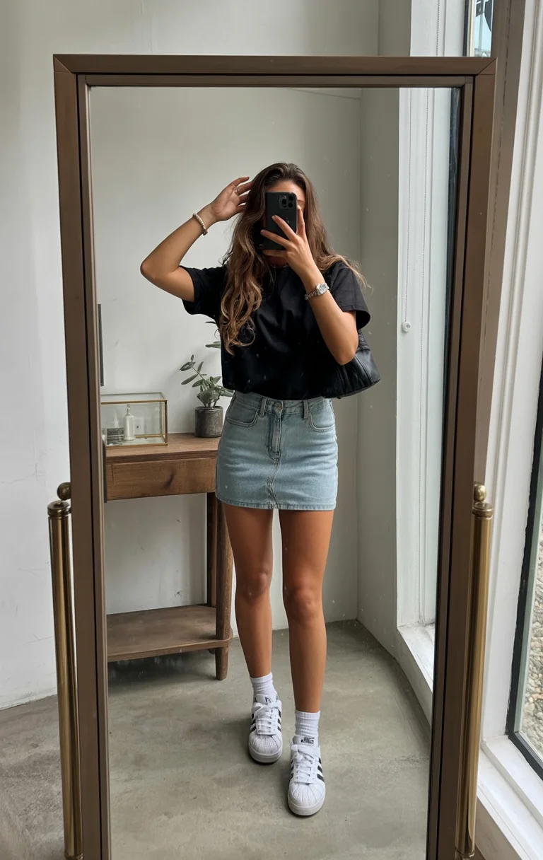 fashion trends 2026 july Black Tee and Denim Mini with Easy Street Energy
