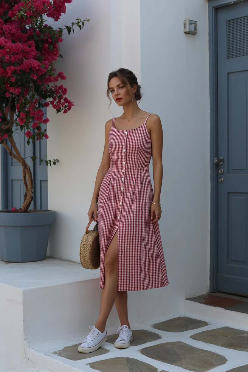 fashion trends 2026 july Gingham Midi Dress with a Romantic Summer Mood