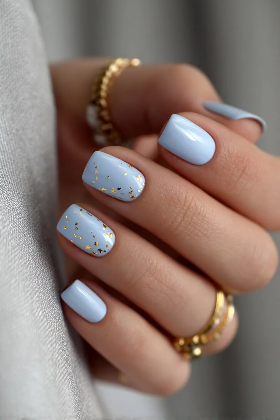 July nails design ideas 2026 Baby Blue Nails with Gold Foil