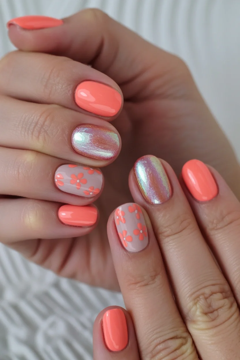 July nails design ideas 2026 Coral Floral Summer Nails