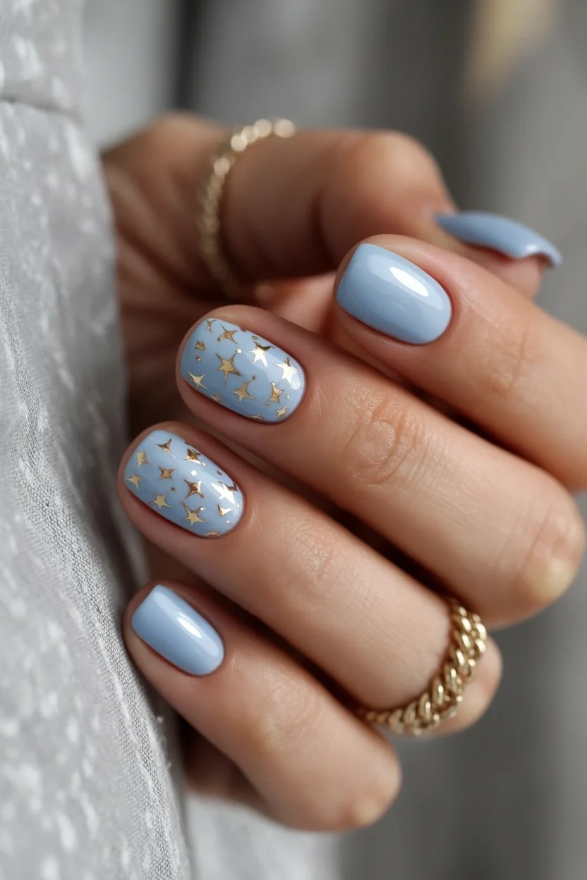 July nails design ideas 2026 Soft Blue Star Nails