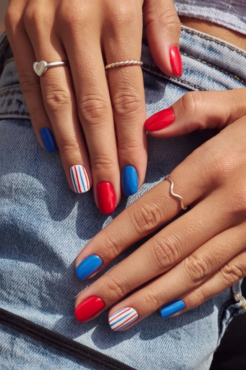 July nails design ideas 2026 Red White and Blue July Nails
