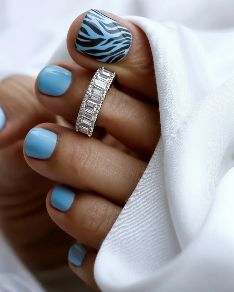 July toe nail colours ideas 2026 Cool Sky Blue and Zebra Detail H2