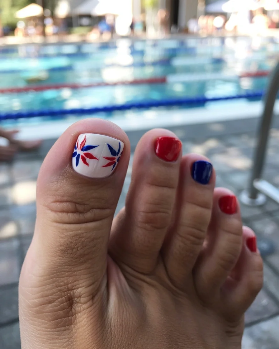 July toe nail colours ideas 2026 Patriotic Red White and Blue Poolside Pedicure H2