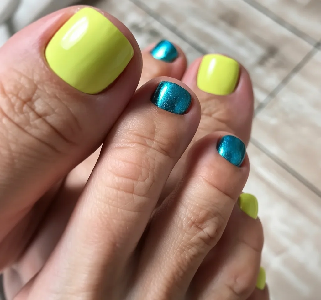 pedicure ideas june 2026 Neon Yellow and Metallic Blue Summer Spark