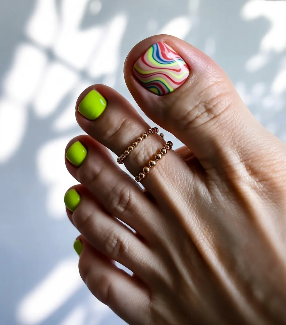 pedicure ideas june 2026 Neon Lime With Retro Rainbow Swirls