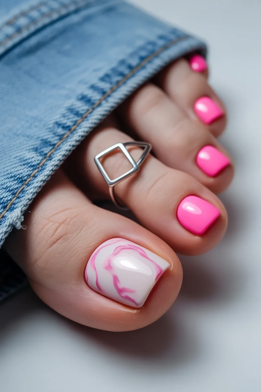 pedicure ideas june 2026 Bubblegum Pink With Delicate Marble Accents