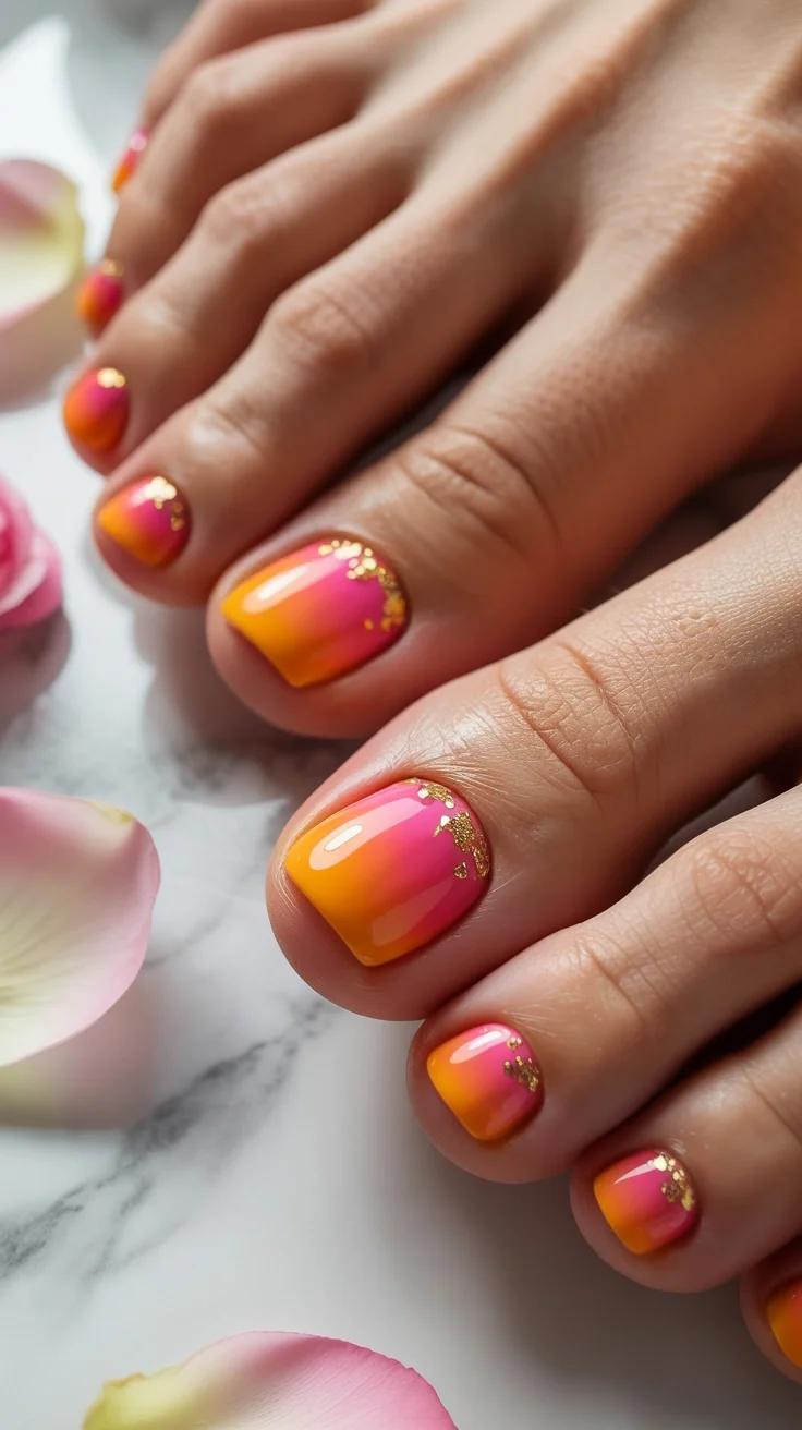 pedicure ideas june 2026 Sunset Ombre With Gold Foil Highlights