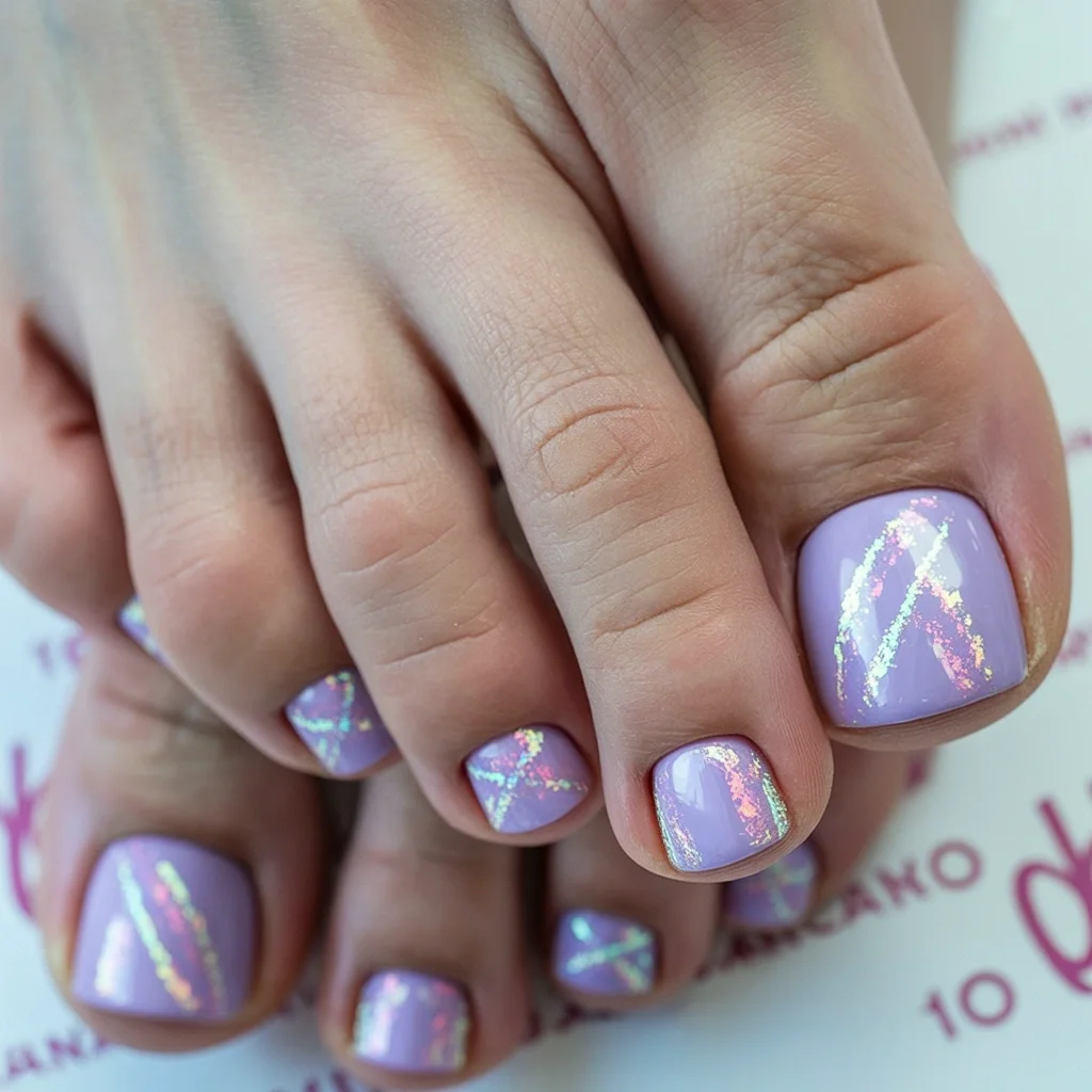 pedicure ideas june 2026 Lavender Glow With Iridescent Ribbon Accents