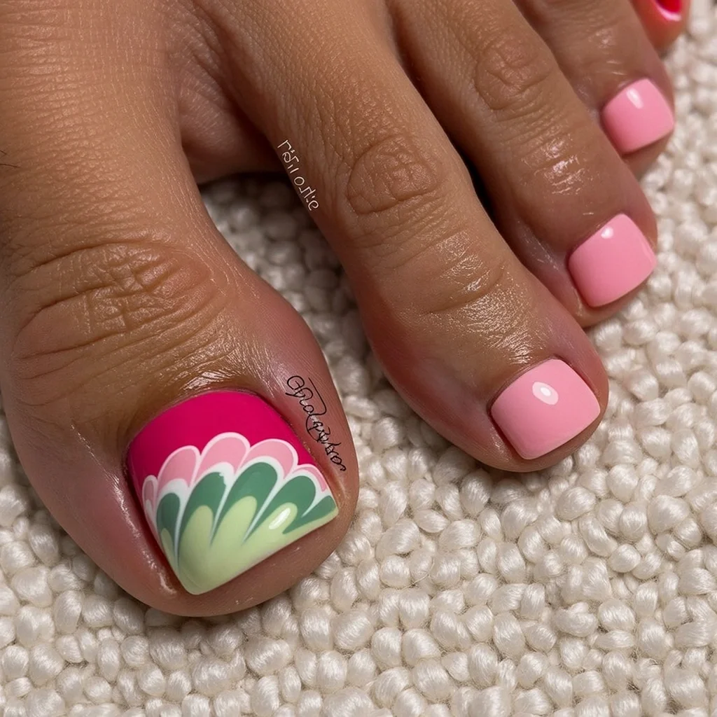 pedicure ideas june 2026 Pink Petal Fan Art With Retro Charm