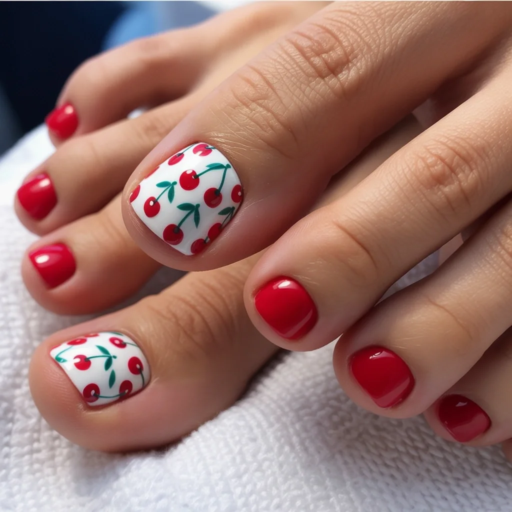 pedicure ideas june 2026 Cherry Red With Sweet Fruit Details