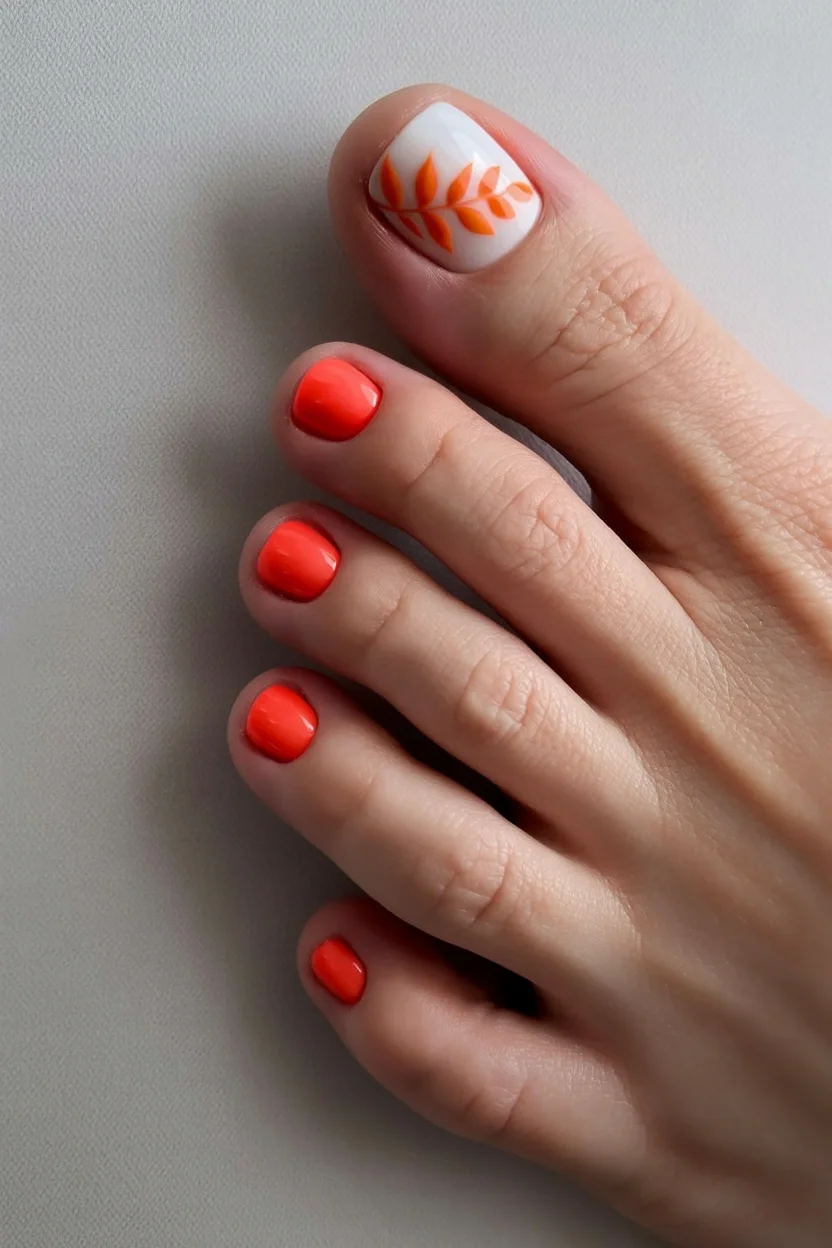 pedicure ideas june 2026 Vibrant Coral Leaves With Tropical Energy