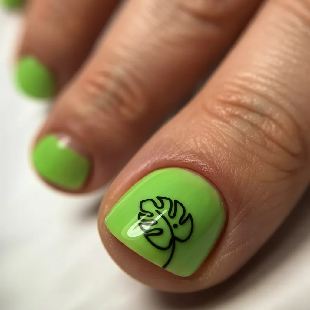 pedicure ideas june 2026 Lime Green With Minimal Leaf Art