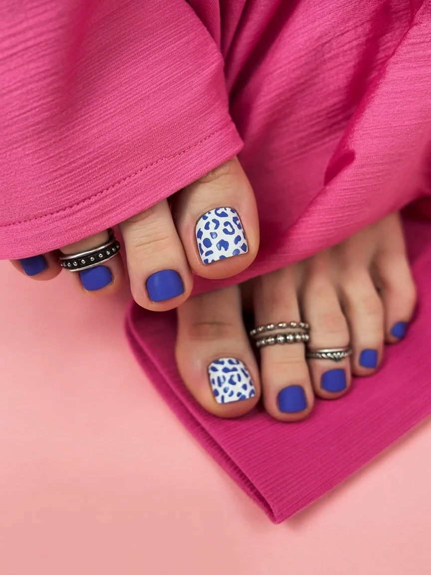 pedicure ideas june 2026 Cobalt Blue and Pink Leopard Mix