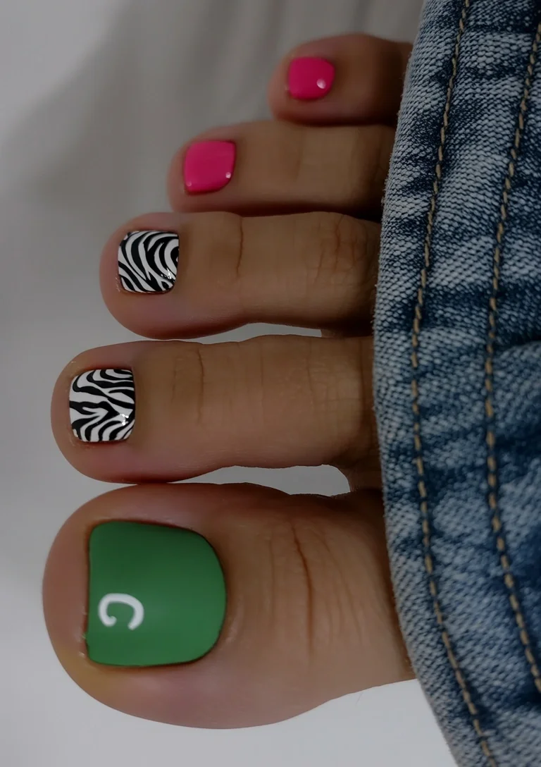 pedicure ideas june 2026 Olive Green With Zebra Art and Pink Accents