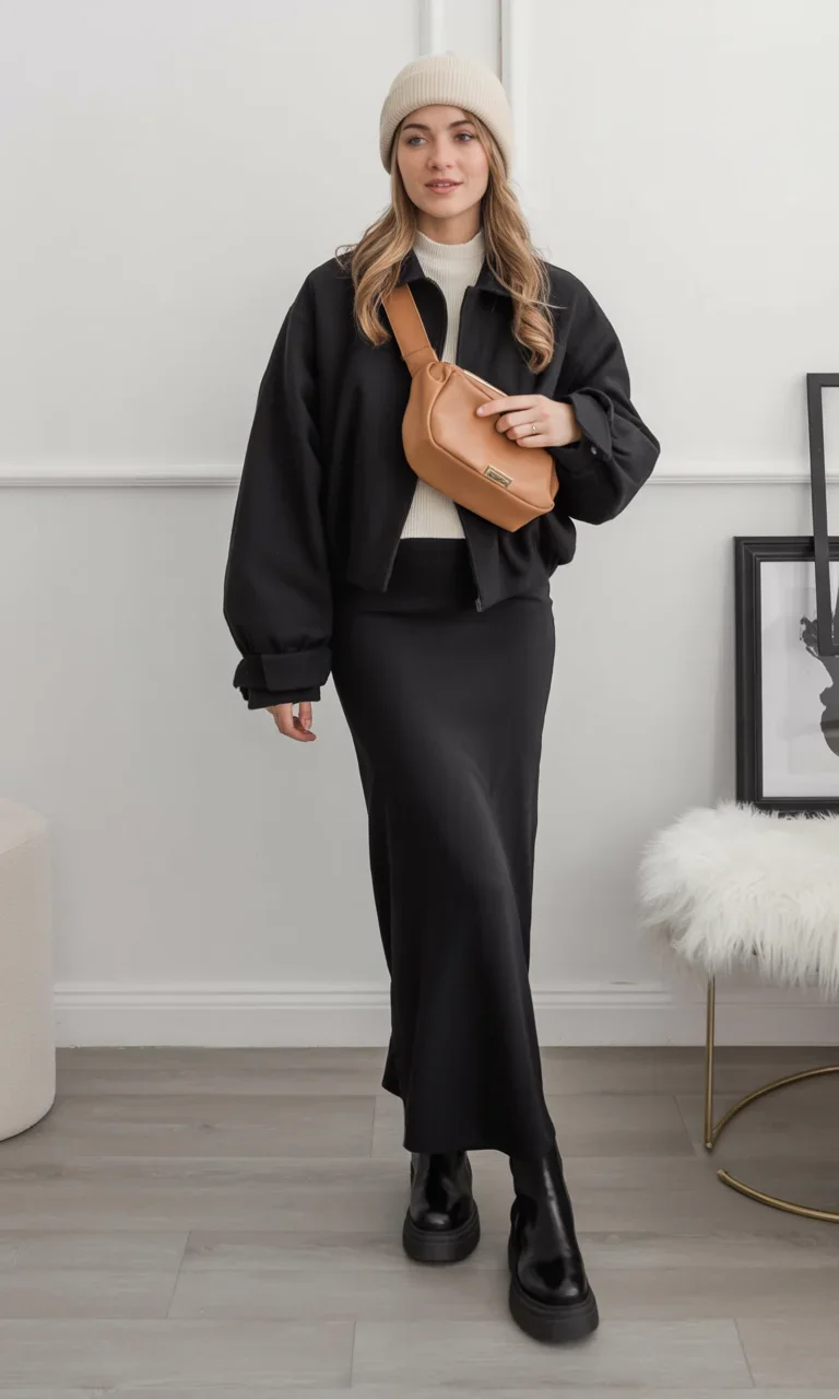 modest fall fashion outfits 2026 Black Satin Skirts and Modern Modest Elegance