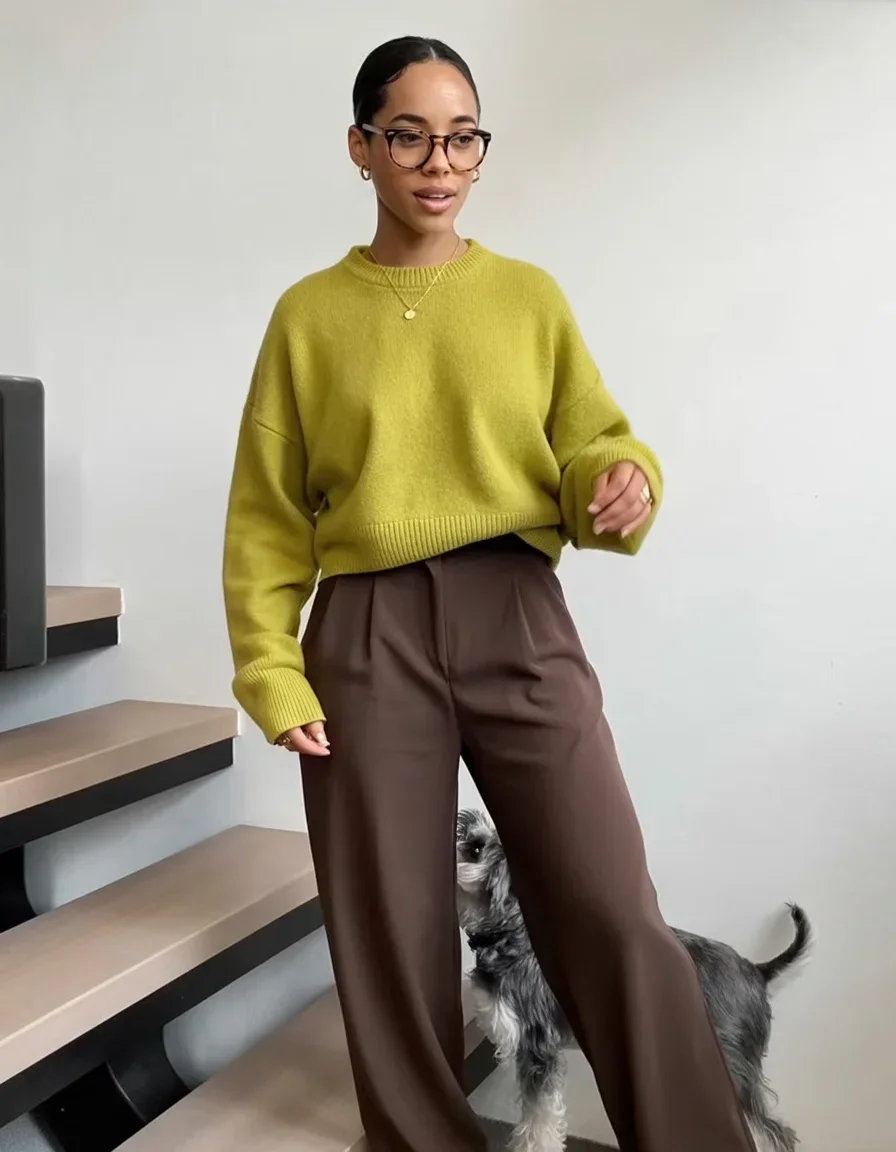 modest fall fashion outfits 2026 Olive Green Knits With Sophisticated Trousers