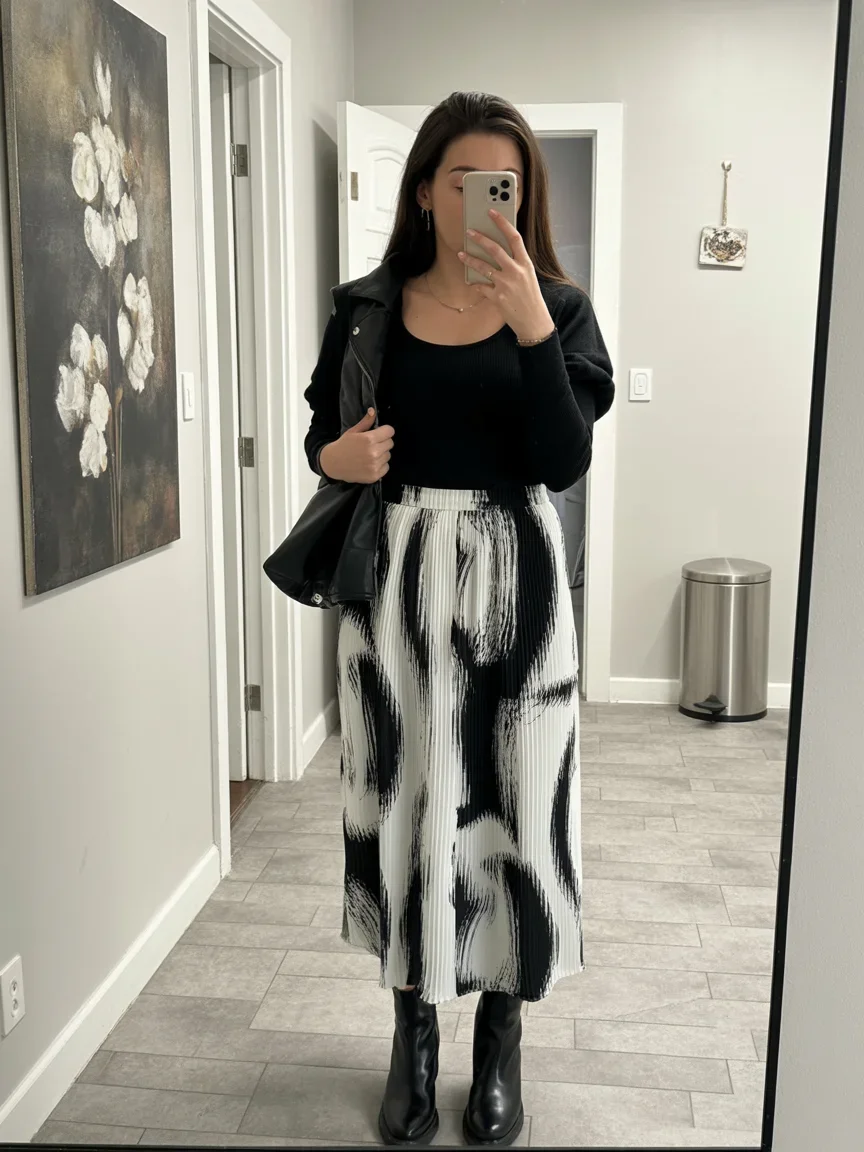 modest fall fashion outfits 2026 Modern Monochrome With a Flowing Statement Skirt