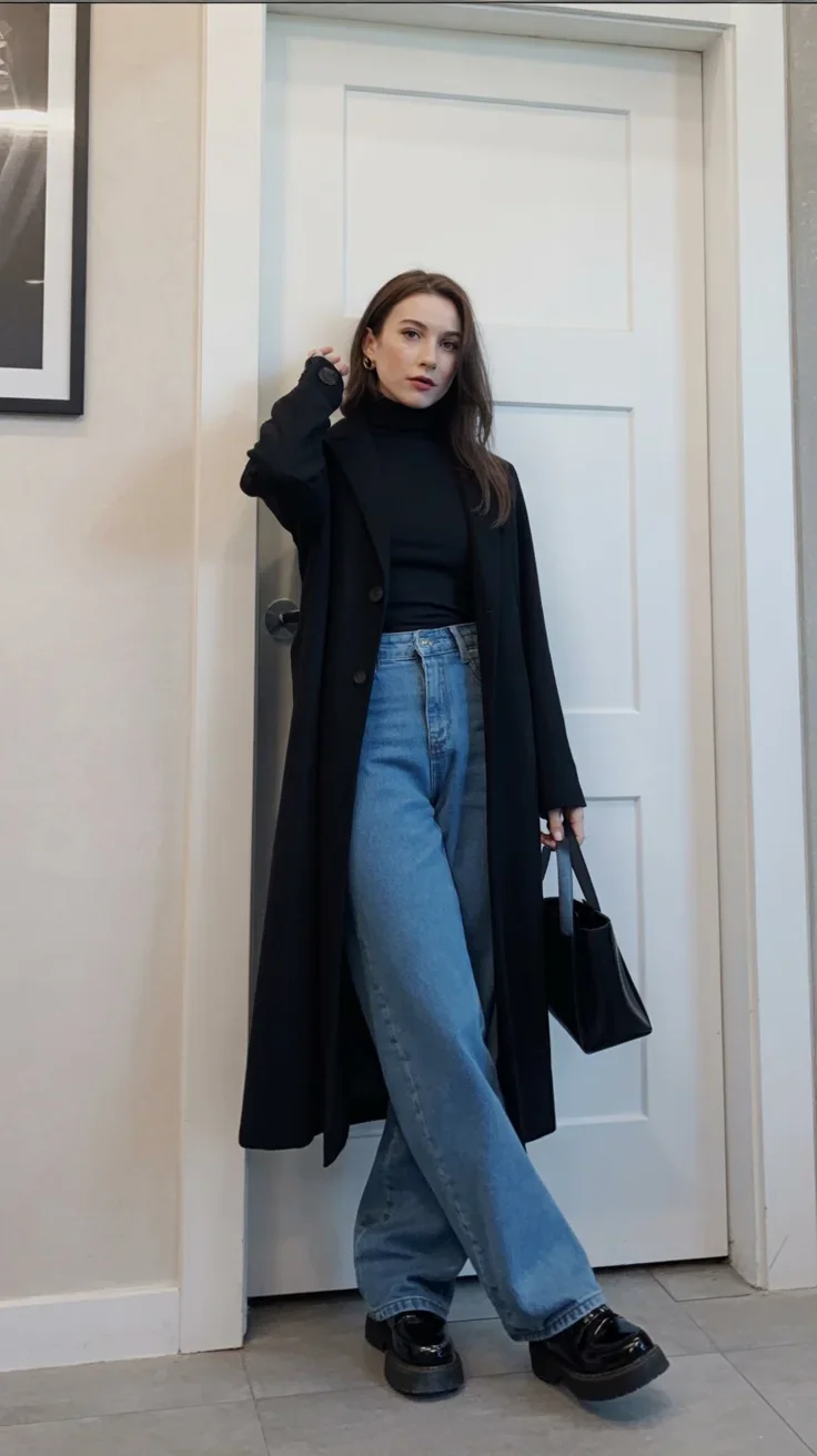 modest fall fashion outfits 2026 Monochrome Black Layers With Relaxed Denim