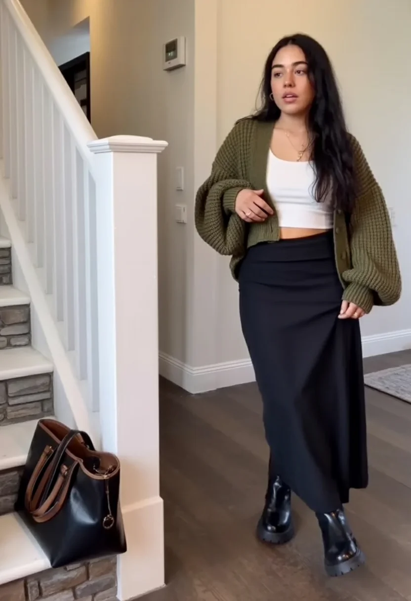 modest fall fashion outfits 2026 Olive Cardigans and Flowing Skirts With Modern Edge