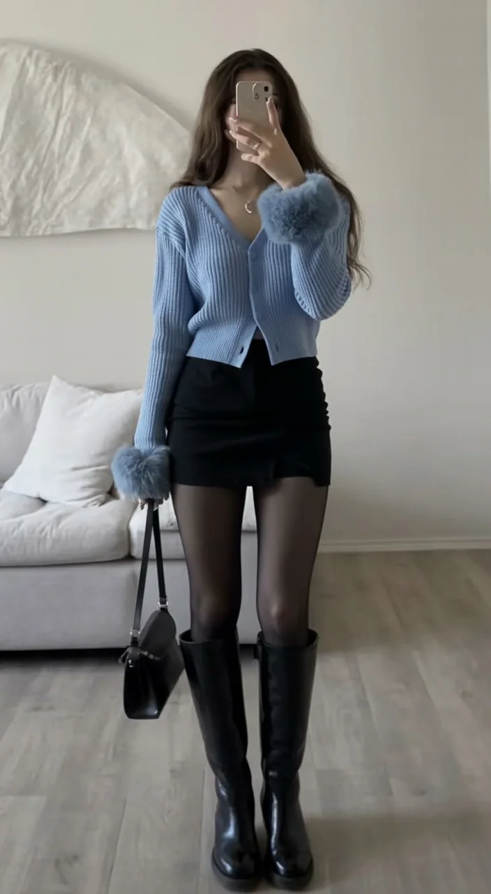 must-have fall outfits for women 2026 Powder Blue Knit and Tall Boots Energy