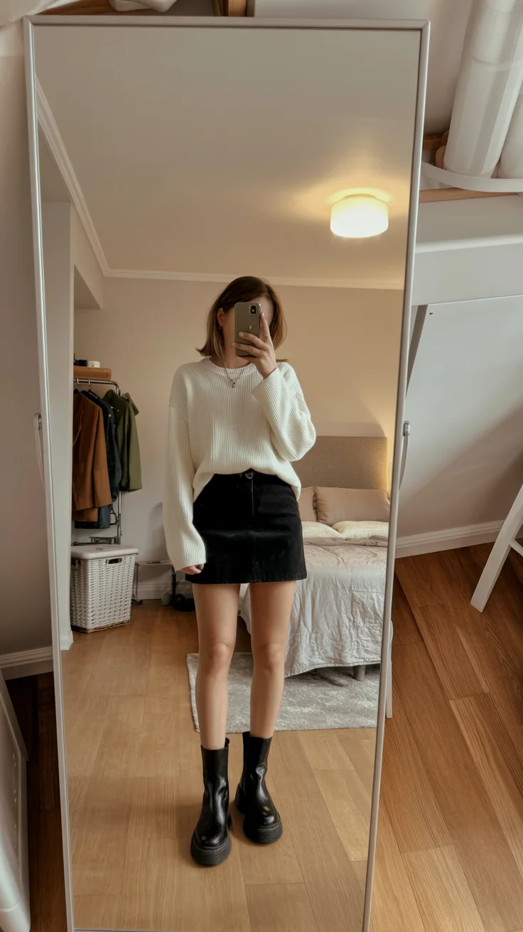must-have fall outfits for women 2026 Simple Knit and Mini Skirt Perfection