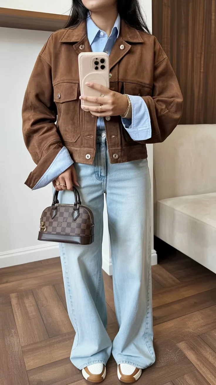 must-have fall outfits for women 2026 Suede Jacket and Light Denim Revival