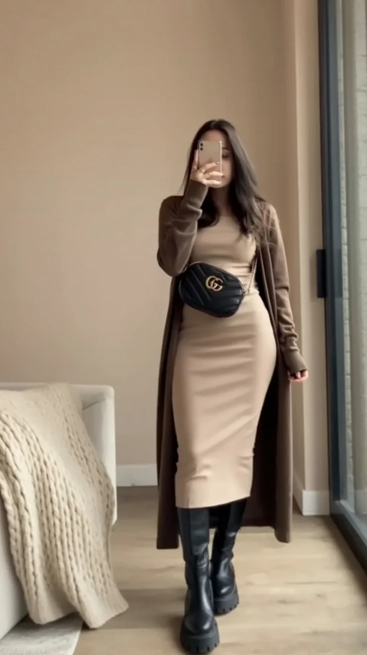 must-have fall outfits for women 2026 Elegant Knit Dress and Tall Boots Combination
