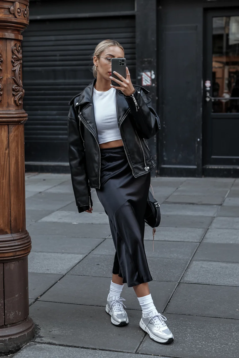 nice fall outfits for black women 2026 Leather Jacket And Satin Skirt For A Chic Night Out