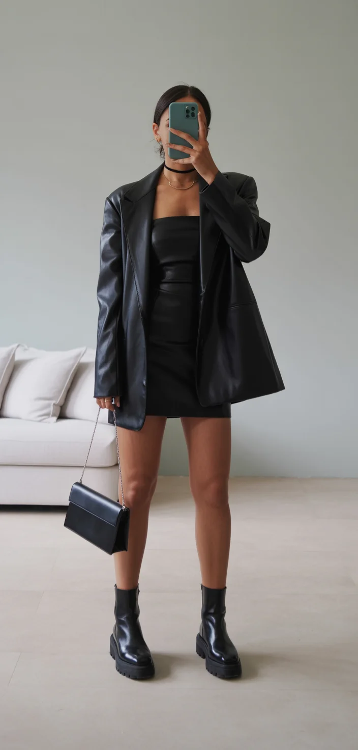 nightout fall outfits going out 2026 Leather Blazer and Mini Dress Perfection