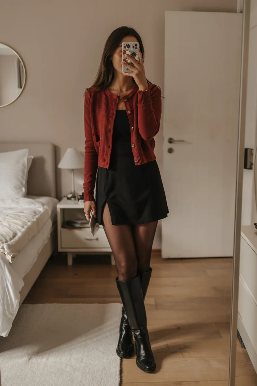nightout fall outfits going out 2026 Rich Burgundy and Knee High Boots for Date Night