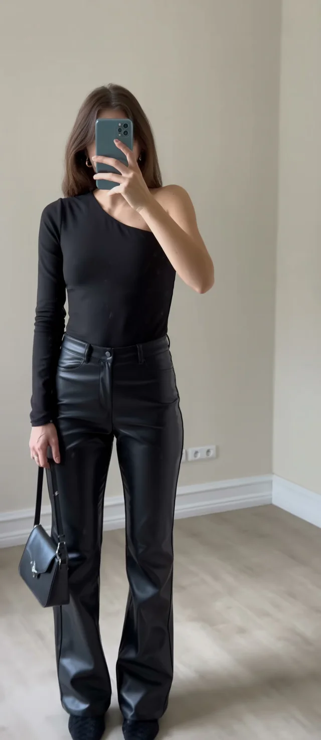 nightout fall outfits going out 2026 One Shoulder Minimalism With Leather Trousers